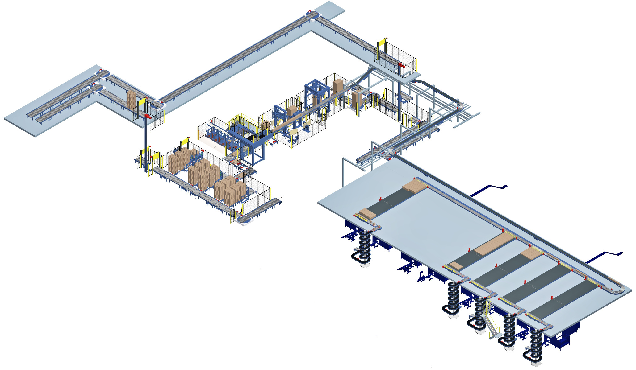The project 3D layout showing the existing four packing lines and buffer tables plus one future line extension