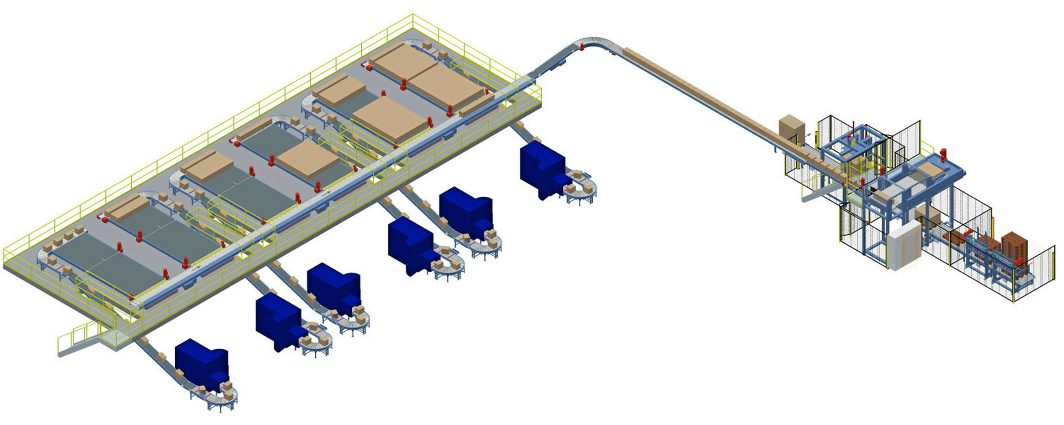Akumulační stoly (v levé části) jsou umístěny v mrazicím prostoru, paletizace a ovinovací stroj se nacházejí mimo něj (pravá část)